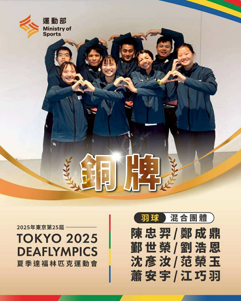 新聞圖片：賀！視覺藝術與設計學系劉浩恩同學榮獲2025東京第25屆夏季達福林匹克運動會羽球混合團體銅牌